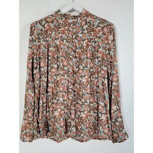 Indi & Cold Women's Floral Print Long Sleeve Collared Casual Blouse Brown Medium